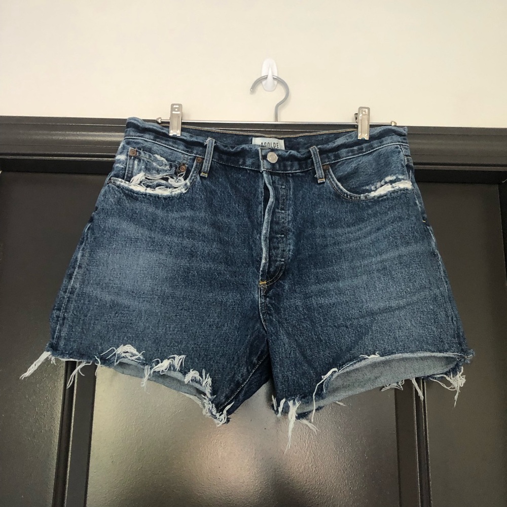 Agolde dark wash high rise Reese jean shorts- no holes no distressing